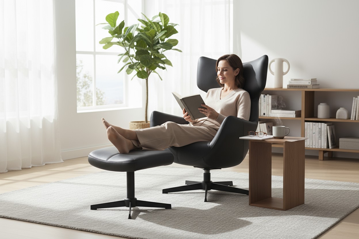 Hundevad Lænestol  Dante i sort LÆDER inkl. skammel